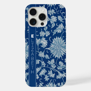 Navy Blue Vintage Chinese Flower Pattern with Name iPhone 15 Pro Max Case