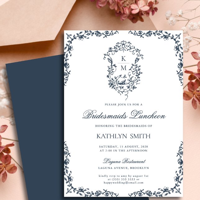 Navy Blue Vintage Crest Bridesmaids luncheon Invitation (Creator Uploaded)