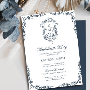 Navy Blue Vintage Crest Floral Bachelorette Party Invitation