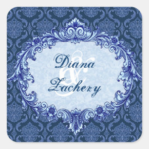 Navy Blue Vintage Damask Wedding C434 Square Sticker