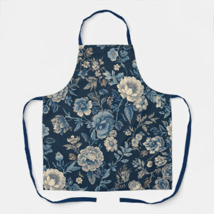 Navy Blue Vintage Floral Botanical Pattern Apron