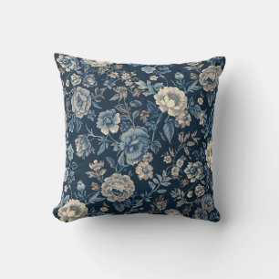 Navy Blue Vintage Floral Botanical Pattern Cushion
