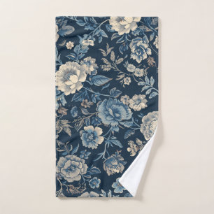 Navy Blue Vintage Floral Botanical Pattern Hand Towel