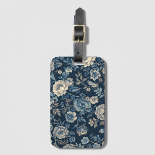 Navy Blue Vintage Floral Botanical Pattern Luggage Tag