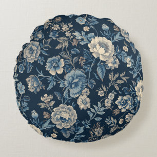 Navy Blue Vintage Floral Botanical Pattern Round Cushion