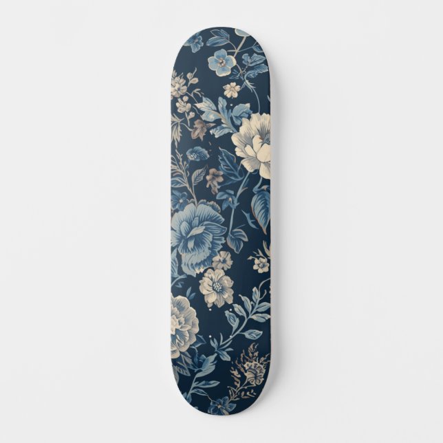 Navy Blue Vintage Floral Botanical Pattern Skateboard (Front)
