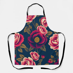 Navy Blue Vintage Floral Coral Roses Gold Leaves Apron