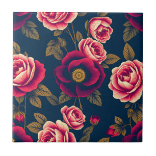 Navy Blue Vintage Floral Coral Roses Gold Leaves Ceramic Tile