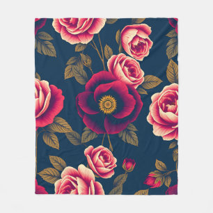Navy Blue Vintage Floral Coral Roses Gold Leaves Fleece Blanket