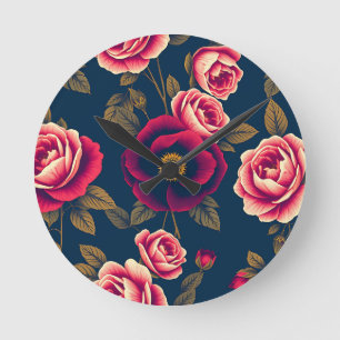 Navy Blue Vintage Floral Coral Roses Gold Leaves  Round Clock