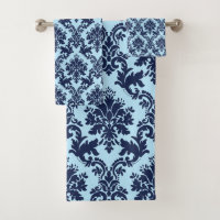 Navy blue vintage floral damasks on light blue