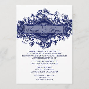 NAVY BLUE VINTAGE FLOWER WEDDING INVITATION