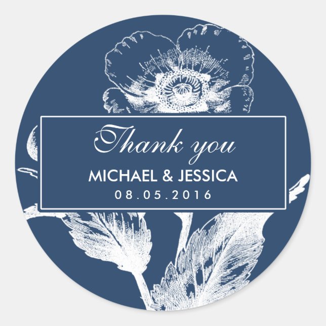 Navy Blue Vintage Flower Wedding Thank You Sticker (Front)
