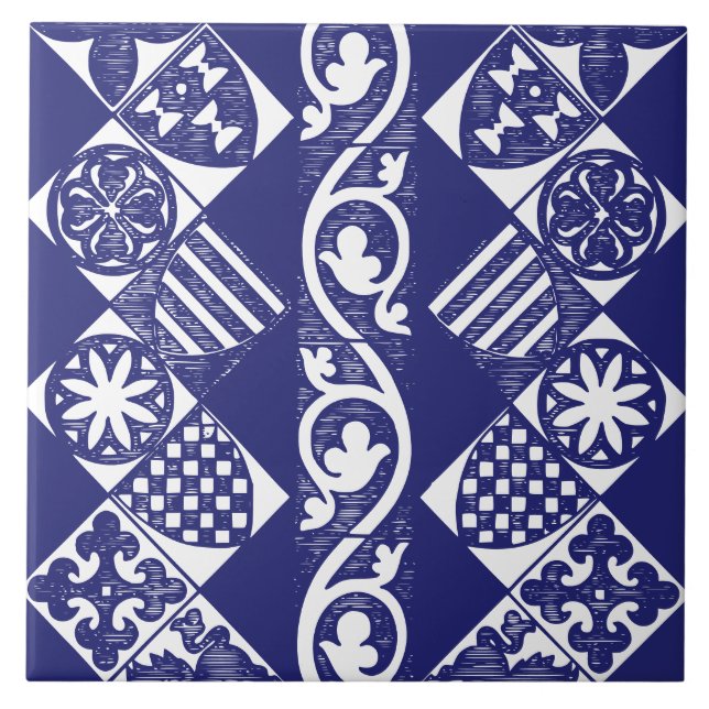 Navy Blue Vintage Geometric Traditional Gothic Ceramic Tile (Front)