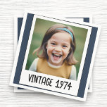 Navy Blue Vintage Milestone Birthday Photo Napkin<br><div class="desc">Add a touch of nostalgia to your celebration with Vintage Milestone Birthday Photo Keepsake Napkins. Featuring a charming vintage design, these napkins can be personalised with a favourite photo and birthday details, making them a unique and memorable addition to your event. Crafted from high-quality, absorbent material, they are perfect for...</div>
