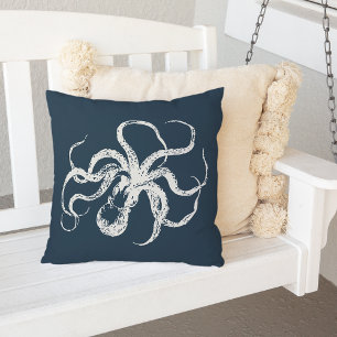 Navy Blue Vintage Octopus Outdoor Cushion