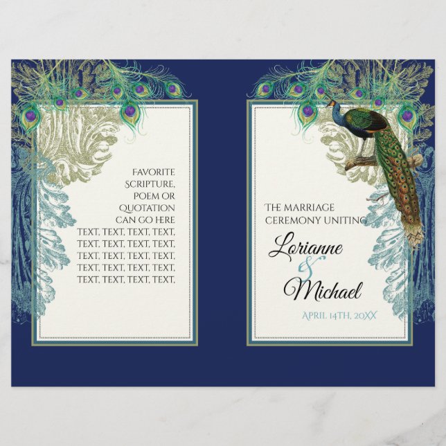 Navy Blue Vintage Peacock Feather Wedding Program (Front)
