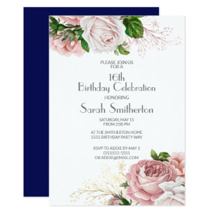 Navy Blue Vintage Pink Floral 16th Birthday Invitation