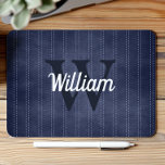 Navy Blue Vintage Pinstripe Retro Monogram Mouse Pad<br><div class="desc">This design features a vintage pattern of white pinstripes on a navy blue background. Personalise it with your monogram initial in dark blue and your name in white retro script.</div>
