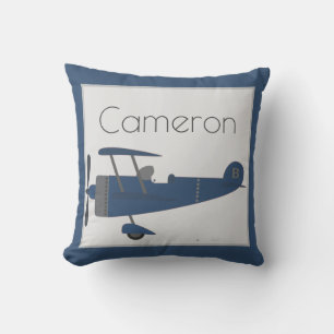 Navy Blue Vintage Plane Boy's Custom Name on Blue Cushion