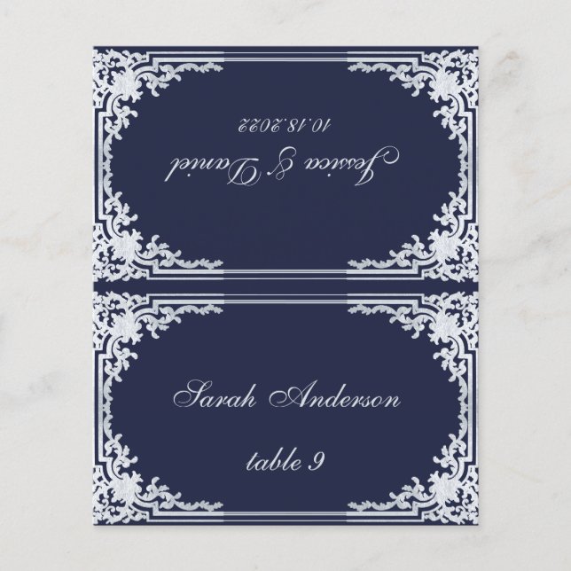 Navy Blue Vintage Printed Name Wedding Place Card (Front)