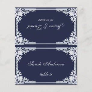 Navy Blue Vintage Printed Name Wedding Place Card