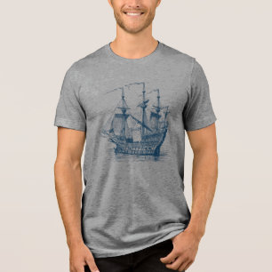 Navy Blue Vintage Wind Sailing Boat Tri-Blend Shirt