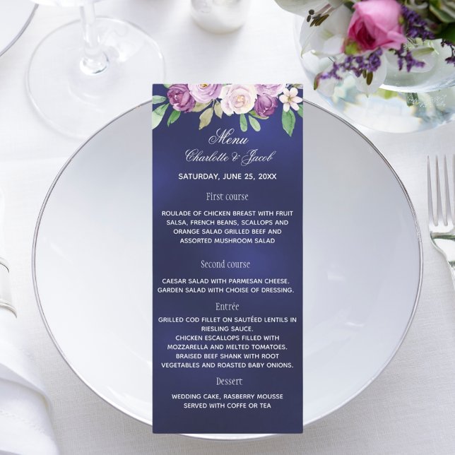 Navy blue violet florals wedding dinner menu card (Creator Uploaded)