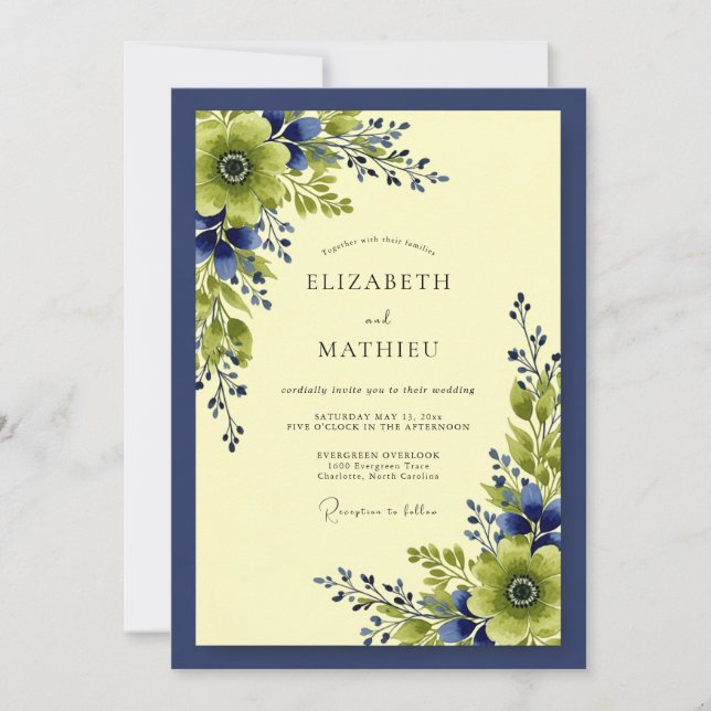 Navy Blue Vivid Botanical Wedding Invitation (Front)