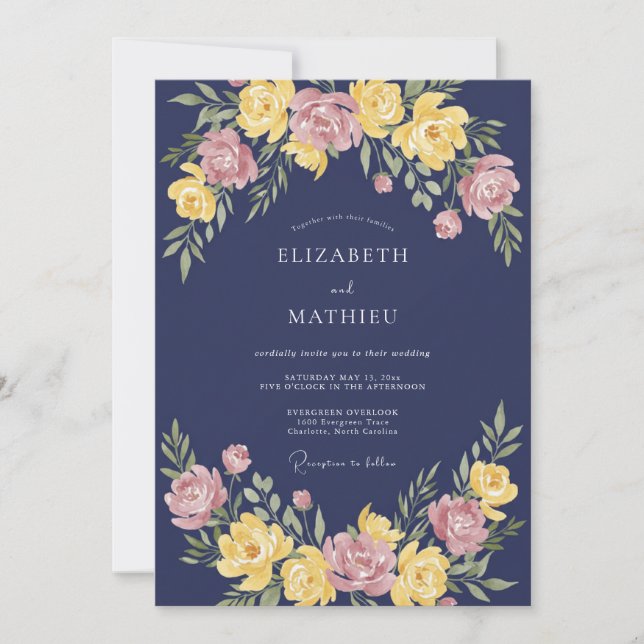 Navy Blue Vivid Floral Romance Wedding Invitation (Front)