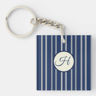 Navy Blue Warm Ivory Classic Elegant Stripes Key Ring