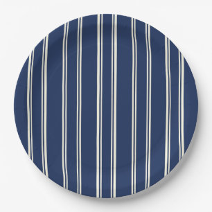 Navy Blue Warm Ivory Classic Elegant Stripes Paper Plate