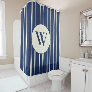 Navy Blue Warm Ivory Classic Elegant Stripes Shower Curtain