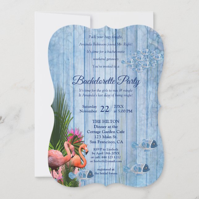 Navy - Blue Water & Pink Flamingos Bachelorette Invitation (Front)