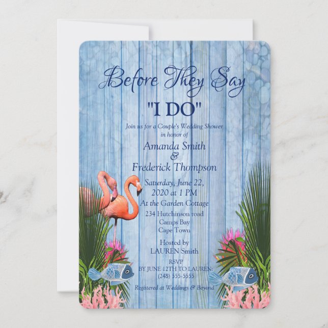 Navy - Blue Water & Pink Flamingos Wedding Shower Invitation (Front)