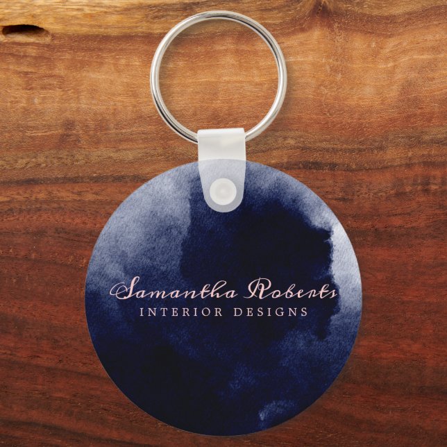 Navy Blue Watercolor Abstract Blush Pink Photo Key Ring (Front)