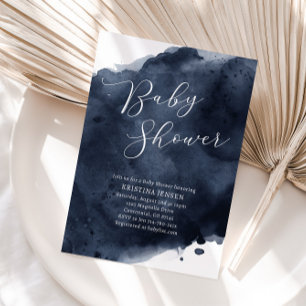 Navy Blue Watercolor Baby Shower Invitation
