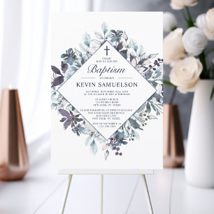 Navy Blue Watercolor Baptism Christening Boy Invitation