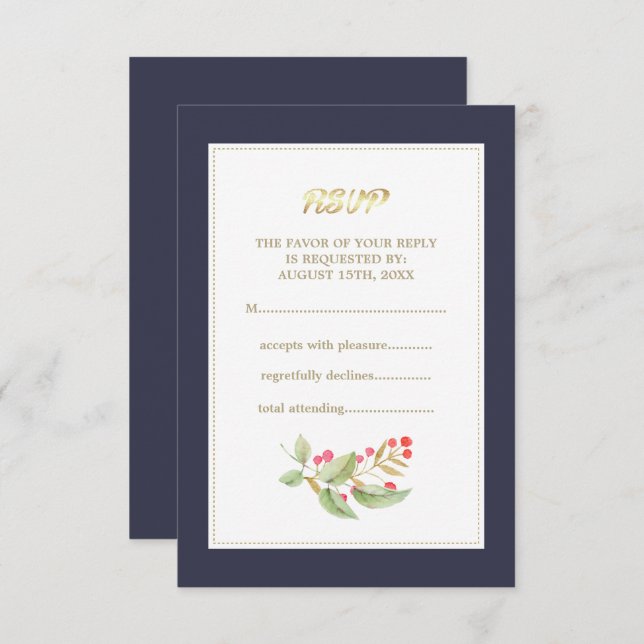 Navy Blue Watercolor Berry Branch RSVP Card (Front/Back)