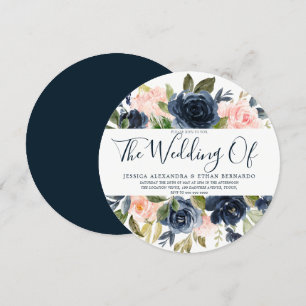 Navy Blue Watercolor Blush Flowers Wedding Invitation