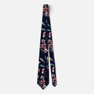 Navy Blue Watercolor Botanical Floral Pattern Tie