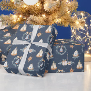 Navy Blue Watercolor Christmas Wrapping Paper