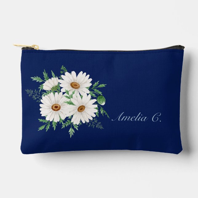 Navy Blue & Watercolor Daisies Cosmetic Bag (Front)