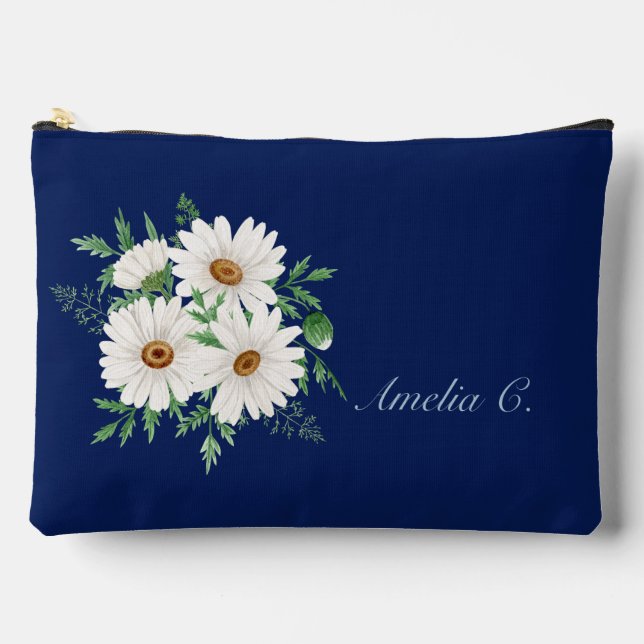 Navy Blue & Watercolor Daisies Cosmetic Bag (Front)