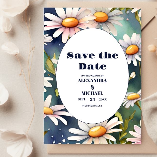 Navy Blue Watercolor Daisy Wedding Save The Date (Creator Uploaded)