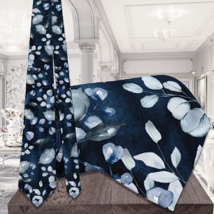 Navy Blue Watercolor Dusty Blue Greenery Wedding Tie