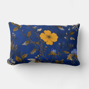 Navy Blue Watercolor Floral Boho Vintage Decor Lumbar Cushion