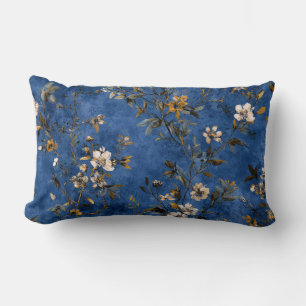 Navy Blue Watercolor Floral Boho Vintage Decor Lumbar Cushion