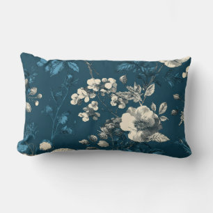 Navy Blue Watercolor Floral Boho Vintage Decor Lumbar Cushion
