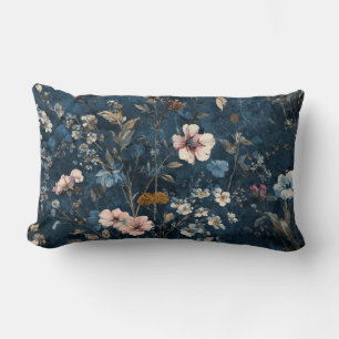 Navy Blue Watercolor Floral Boho Vintage Decor Lumbar Cushion